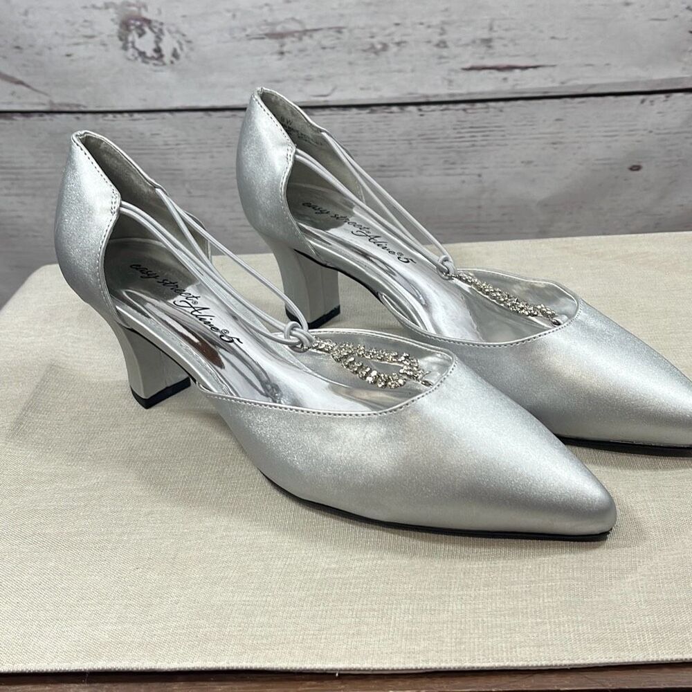 Easy Street Alive 5 Silver Rhinestone Pointed Toe Block Heel Pumps Womens 9W